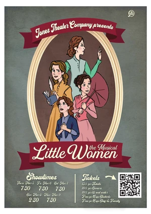 Four women smiling on poster. 